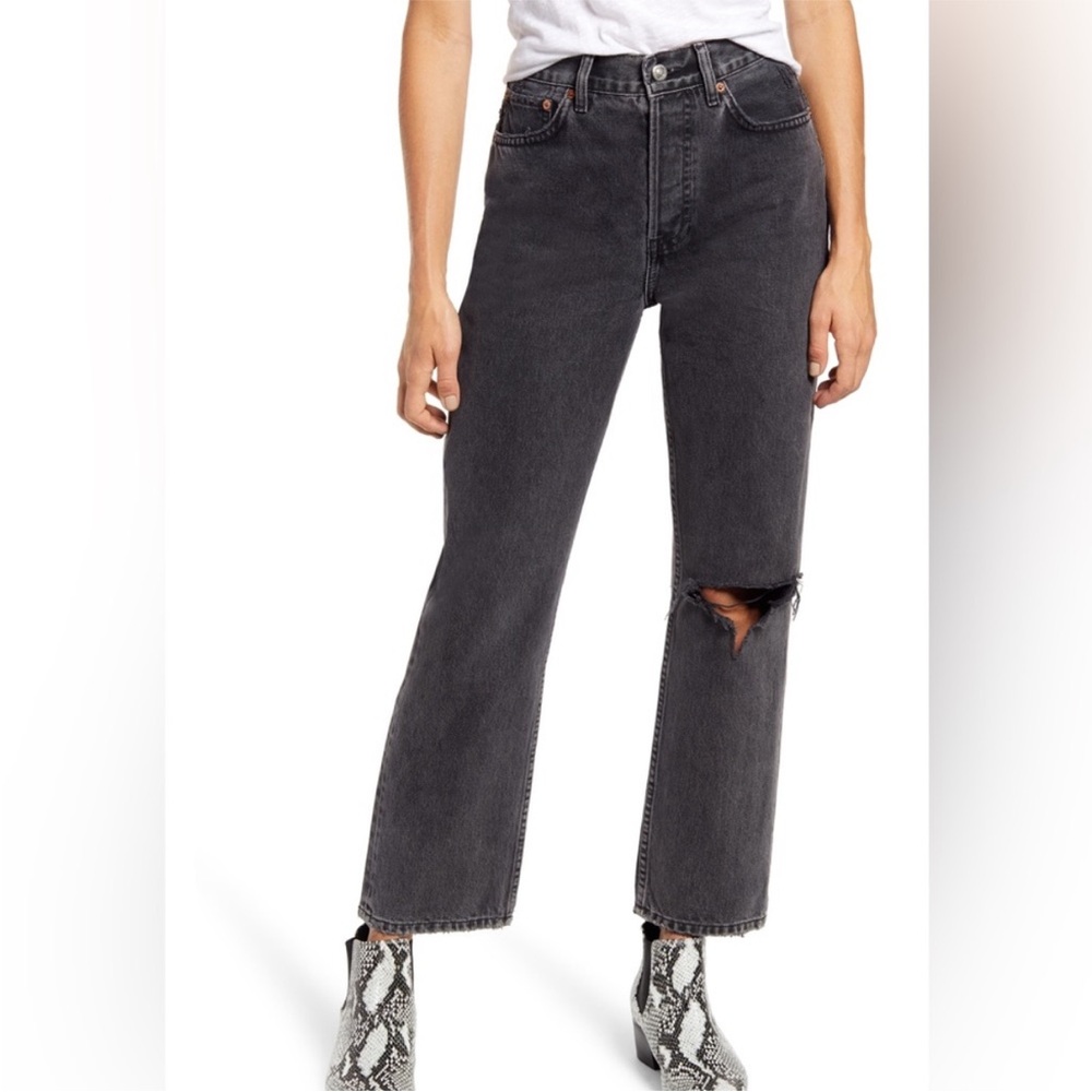Topshop Charcoal Distressed Straight Leg Jeans